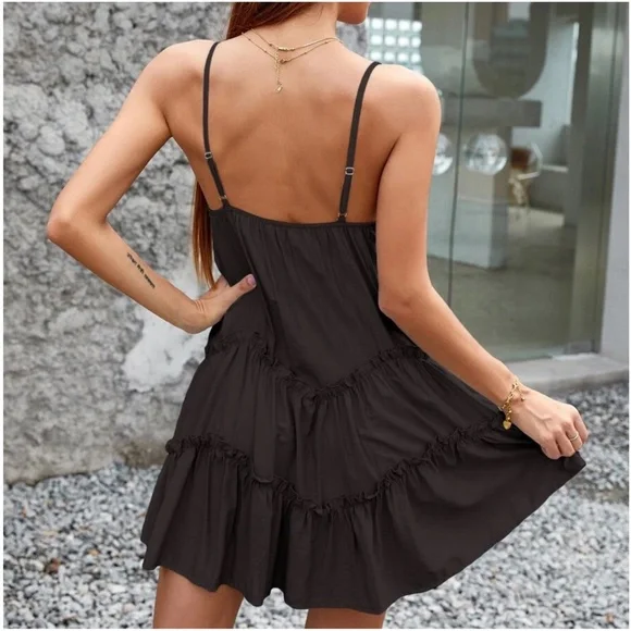 Boho Plunging Neck Ruffle Hem Mini Dress - Picture 8 of 8